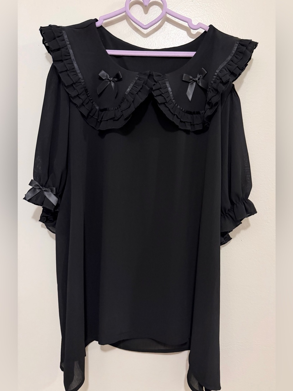 NightWhisper Black Ruffle Collar Bow-Accent Blouse